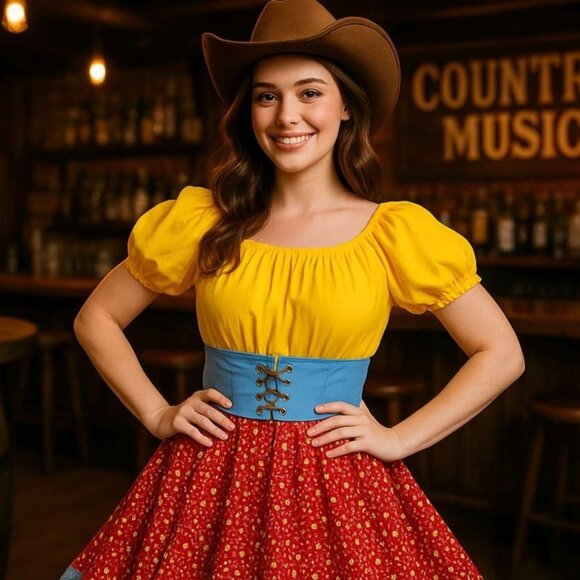 Dress Size ML Square Dance Country Farm Yellow Red Floral Skirt Blue Lace Trim - Picture 1 of 16